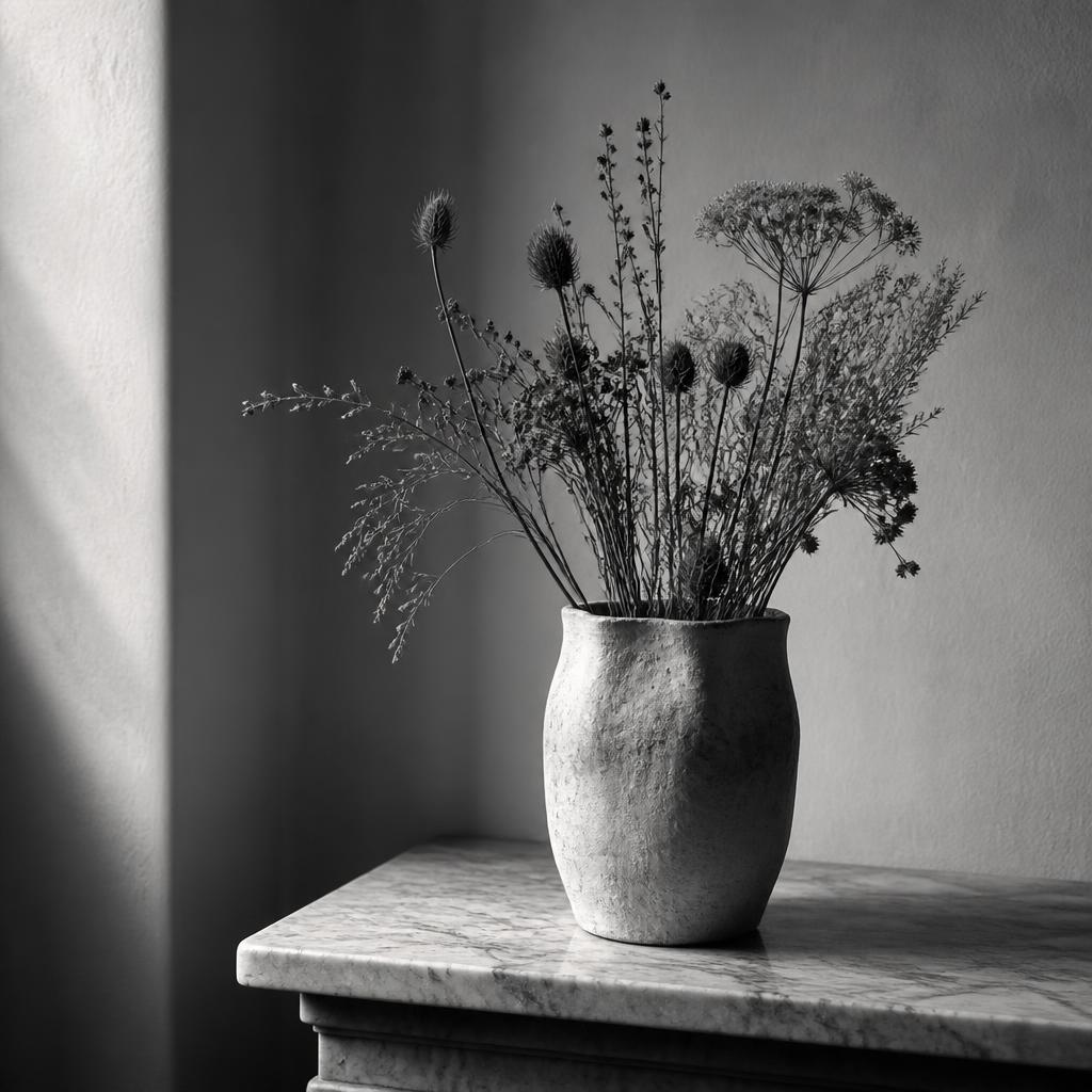 Still life of dried wildflowers in a handmade ceramic vase