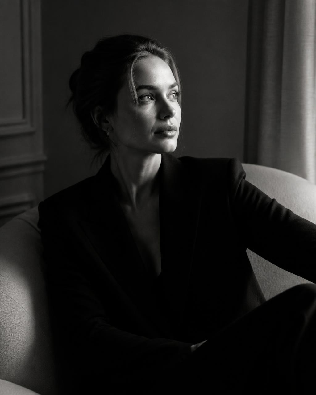 Editorial portrait of a woman seated in soft window light